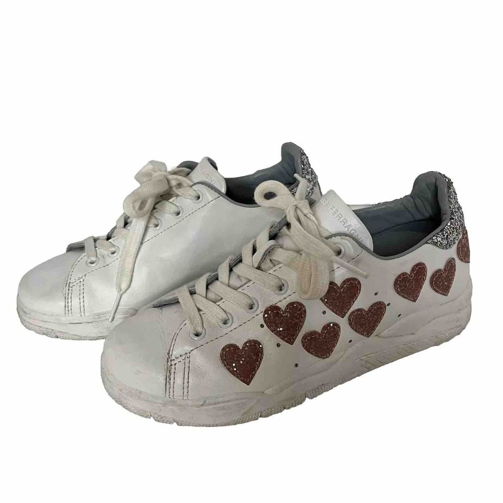 Chiara Ferragni Glitter Hearts Leather Sneakers Women US Size 5.5/EUR Size‎ 36